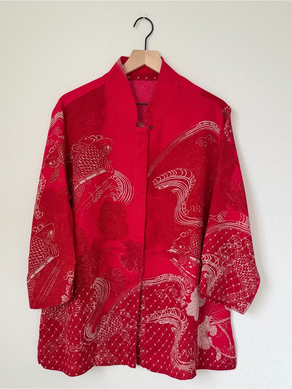 Red Koi Fish Print Blouse Asian Style Mandarin Collar Vintage Inspired Top